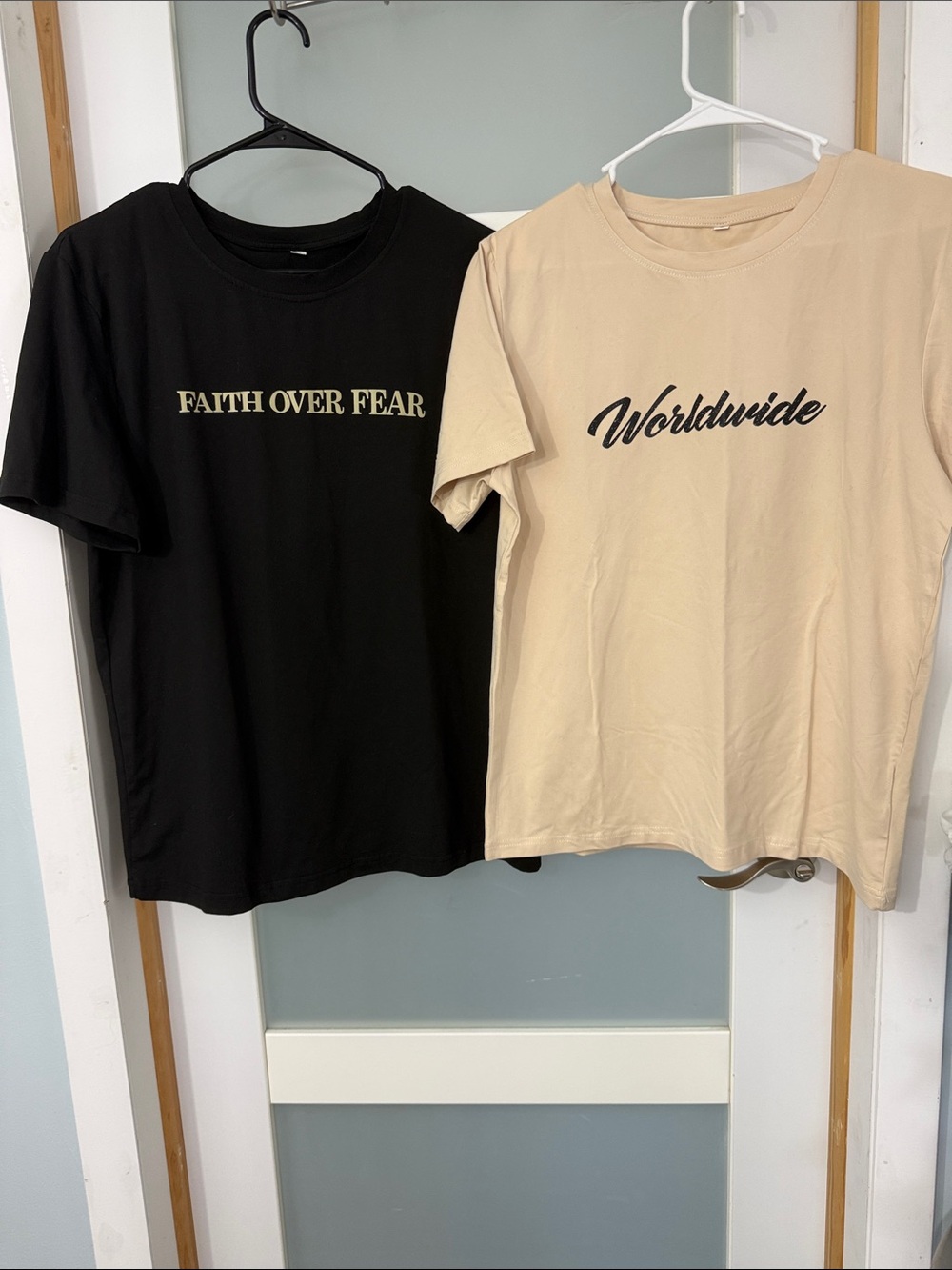 Faith Over Fear Black Tee & Beige "Worldwide" Graphic Tee Oversize S